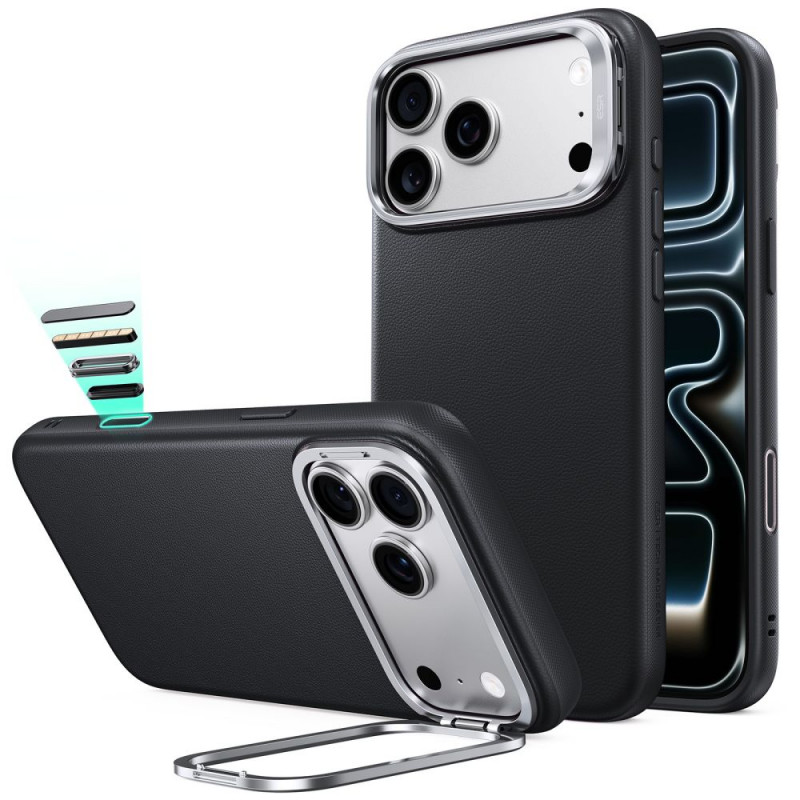 ESR Leather Kickstand MagSafe -nahkakotelo Apple iPhone 17 Pro Max / 18 Pro Max -puhelimelle, musta