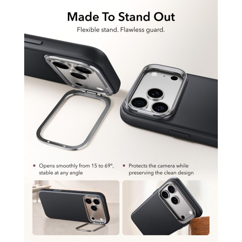 ESR Leather Kickstand MagSafe -nahkakotelo Apple iPhone 17 Pro Max / 18 Pro Max -puhelimelle, musta
