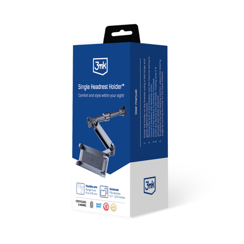 3MK Single Headrest Holder -autoteline päätelaitteille ja tableteille 4.7"-12.9", musta