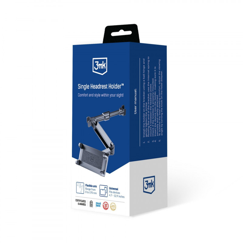 3MK Single Headrest Holder -autoteline päätelaitteille ja tableteille 4.7"-12.9", musta