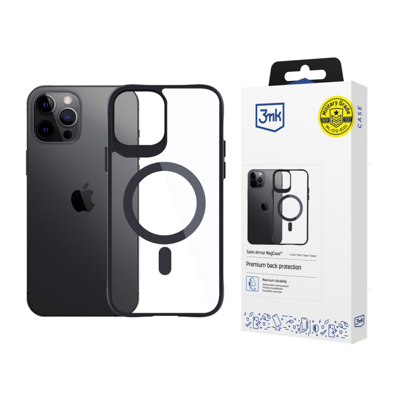 3MK Satin Armor MagCase MagSafe-yhteensopiva suojakotelo Apple iPhone 12 Pro Max -puhelimelle, läpinäkyvä mustalla kehyksellä