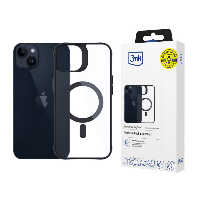 3MK Satin Armor MagCase MagSafe-yhteensopiva suojakotelo Apple iPhone 14 Plus -puhelimelle, läpinäkyvä mustalla kehyksellä (156076-0)