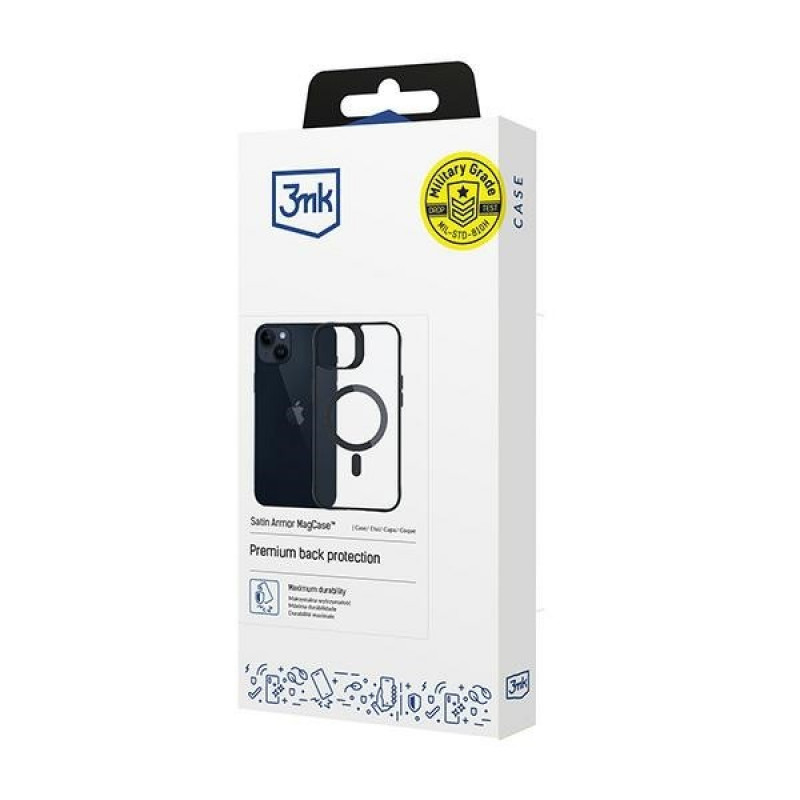 3MK Satin Armor MagCase MagSafe-yhteensopiva suojakotelo Apple iPhone 14 Plus -puhelimelle, läpinäkyvä mustalla kehyksellä (156076-0)
