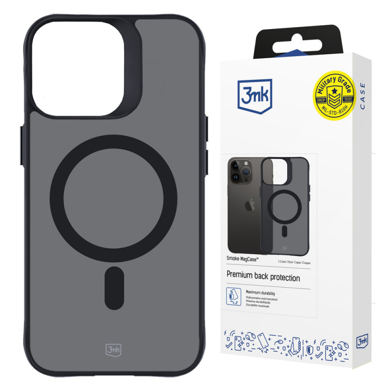 3MK Smoke MagCase MagSafe-yhteensopiva suojakotelo Apple iPhone 15 Pro Max -puhelimelle, puoliläpinäkyvä (156061-0)