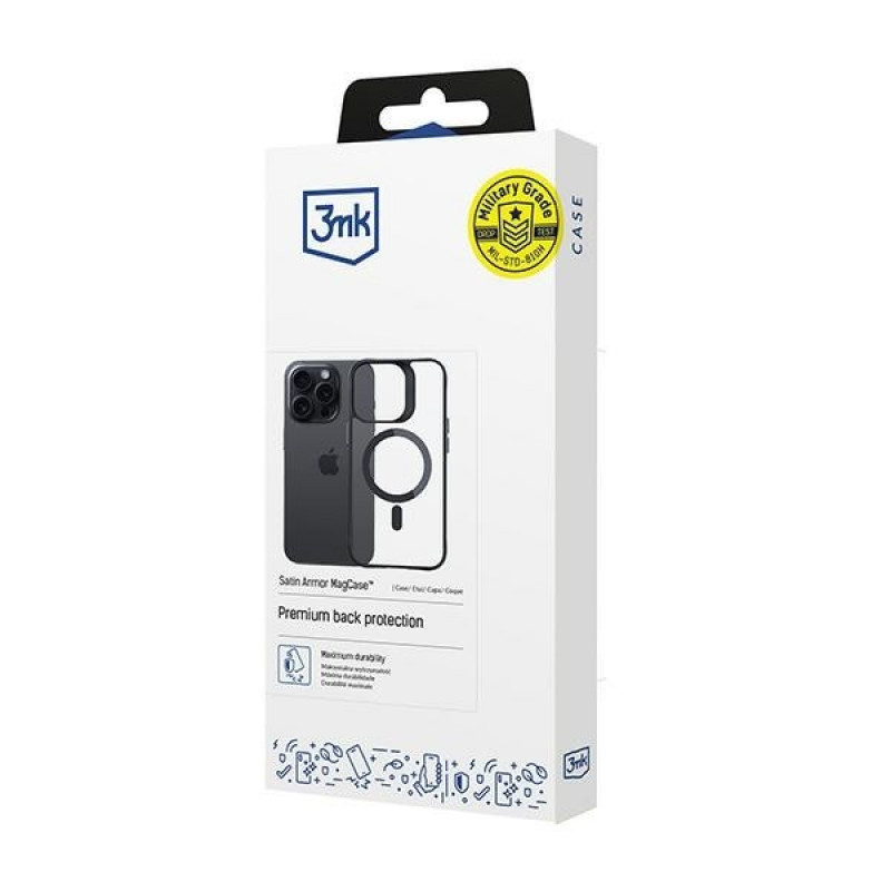 3MK Satin Armor MagCase MagSafe-yhteensopiva suojakotelo Apple iPhone 15 Pro -puhelimelle, läpinäkyvä mustalla kehyksellä