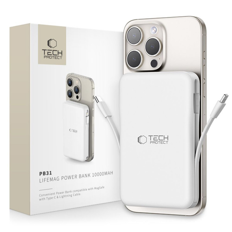 Tech-Protect PB31 LifeMag MagSafe -varavirtalähde 10000 mAh, 15 W, valkoinen
