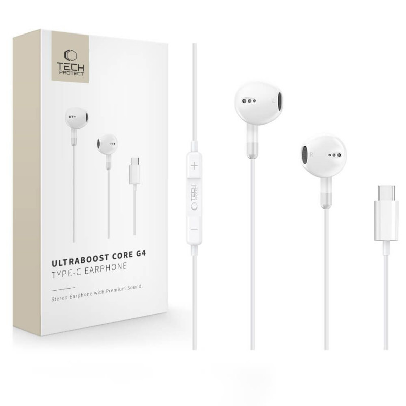 Tech-Protect Ultraboost Core G4 USB-C -langalliset nappikuulokkeet, valkoinen