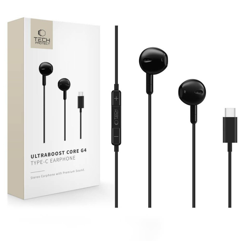 Tech-Protect Ultraboost Core G4 USB-C -langalliset nappikuulokkeet, musta