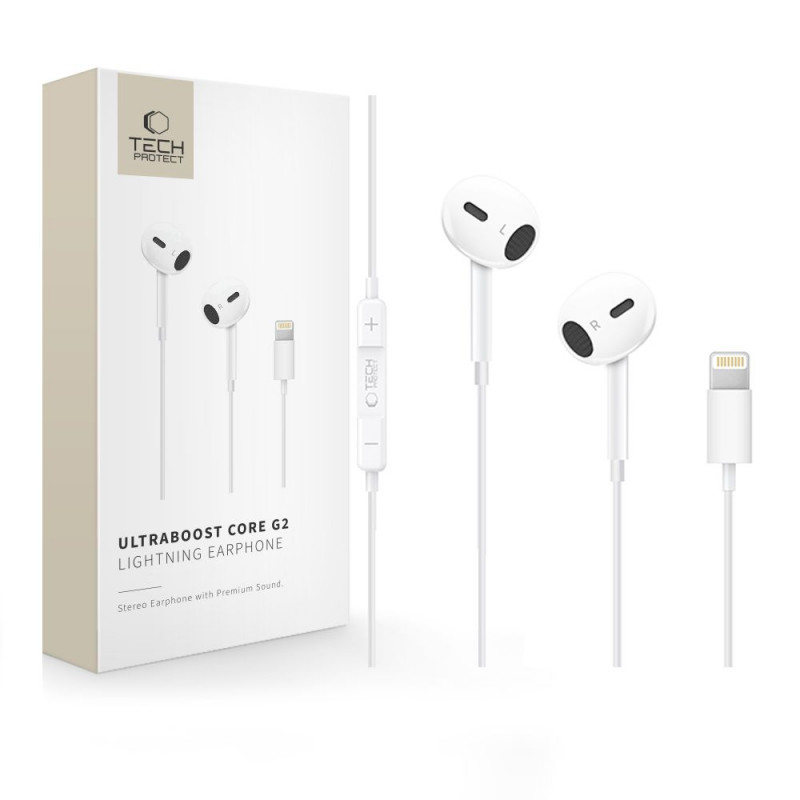 Tech-Protect Ultraboost Core G2 Lightning -langalliset nappikuulokkeet, valkoinen (THP4681)