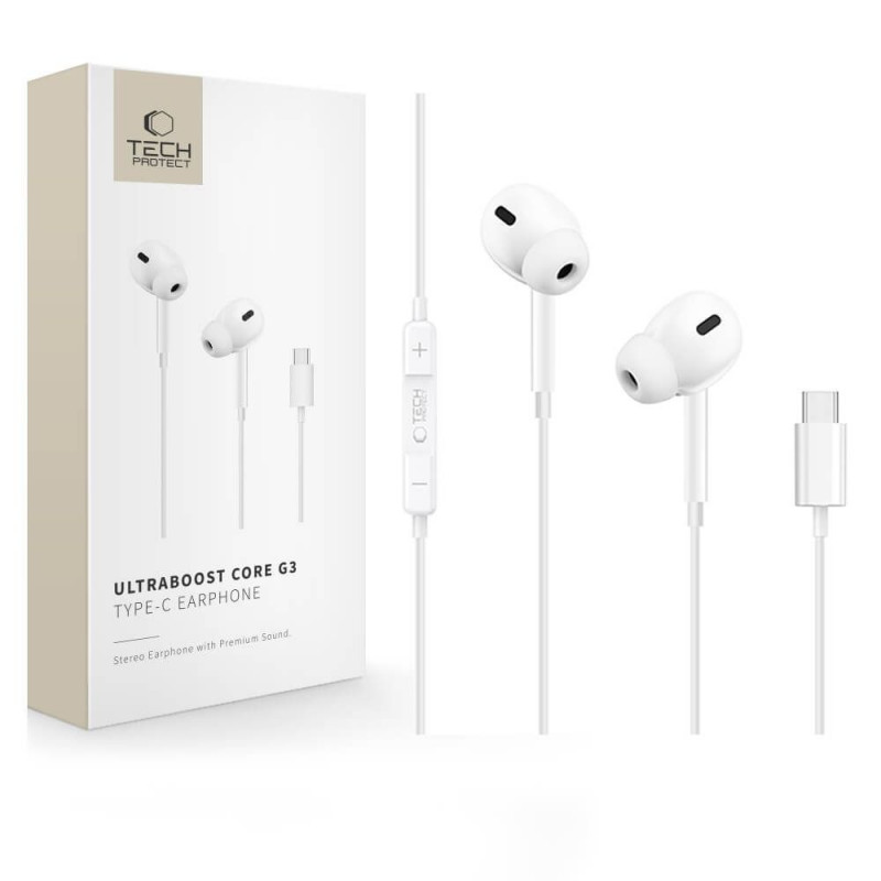 Tech-Protect Ultraboost Core G3 USB-C -langalliset nappikuulokkeet, valkoinen