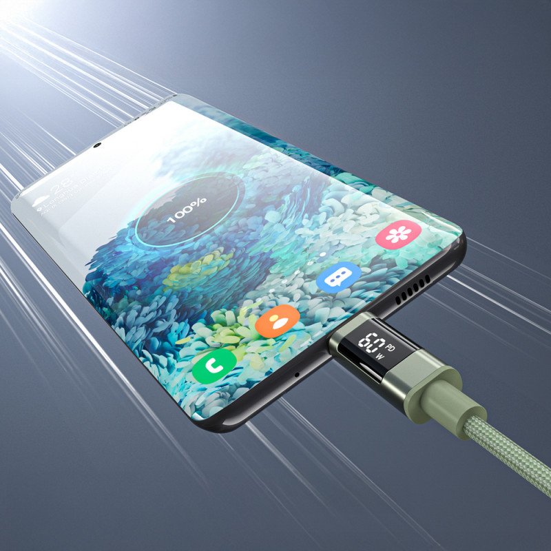 Choetech XCC-1068 PD 60W USB-C - USB-C -kaapeli näytöllä, 1,2 m, vihreä