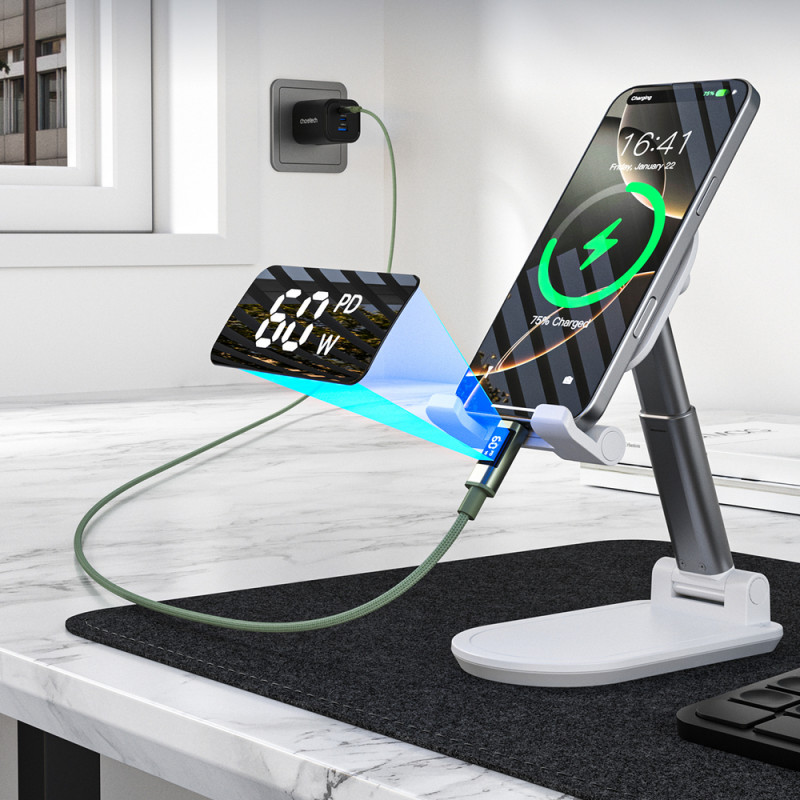 Choetech XCC-1068 PD 60W USB-C - USB-C -kaapeli näytöllä, 1,2 m, vihreä