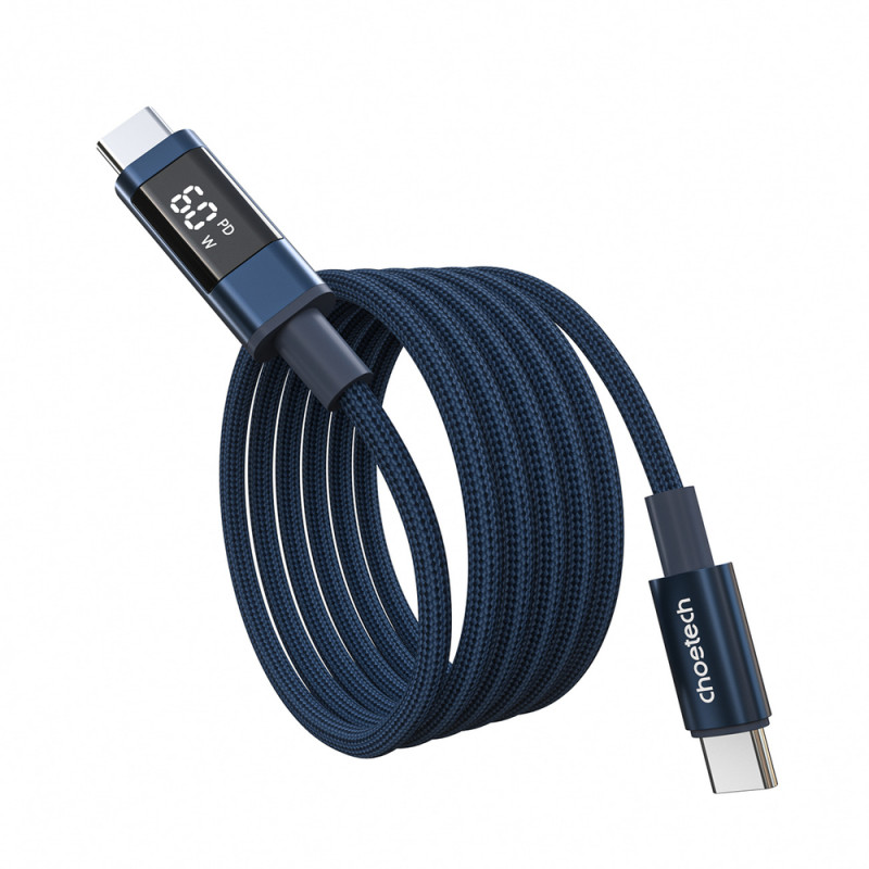 Choetech XCC-1068 PD 60W USB-C - USB-C -kaapeli näytöllä, 1,2 m, sininen