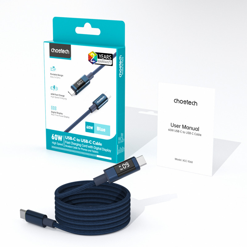 Choetech XCC-1068 PD 60W USB-C - USB-C -kaapeli näytöllä, 1,2 m, sininen
