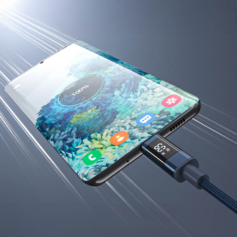 Choetech XCC-1068 PD 60W USB-C - USB-C -kaapeli näytöllä, 1,2 m, sininen