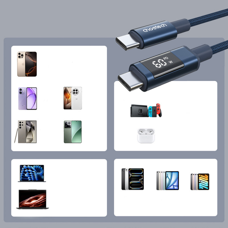 Choetech XCC-1068 PD 60W USB-C - USB-C -kaapeli näytöllä, 1,2 m, sininen