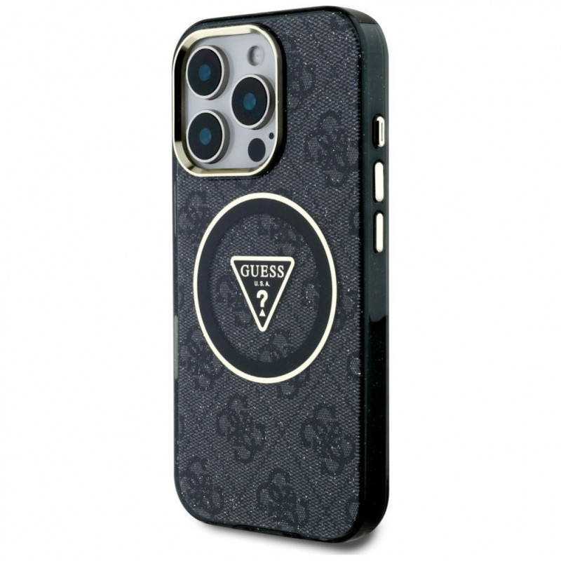 Guess GUHMP16LHG4PRTGK IML Metal Glitter 4G Circle Triangle MagSafe -kuori Apple iPhone 16 Pro -puhelimelle, musta