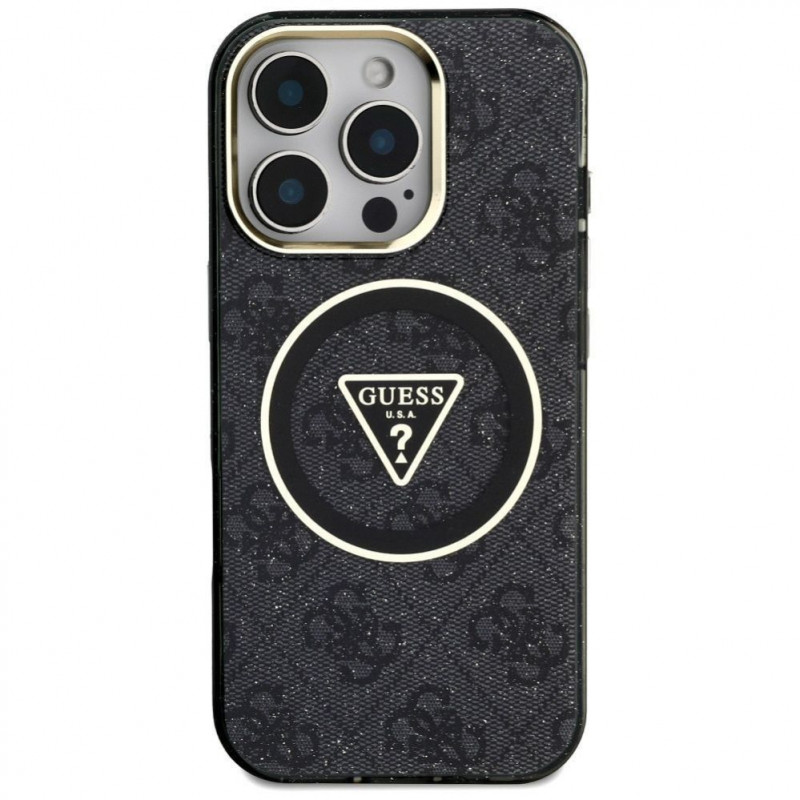 Guess GUHMP16LHG4PRTGK IML Metal Glitter 4G Circle Triangle MagSafe -kuori Apple iPhone 16 Pro -puhelimelle, musta