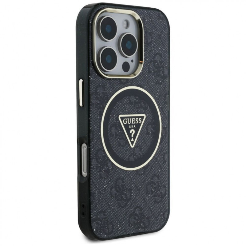 Guess GUHMP16LHG4PRTGK IML Metal Glitter 4G Circle Triangle MagSafe -kuori Apple iPhone 16 Pro -puhelimelle, musta