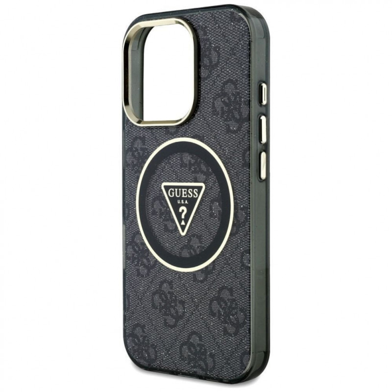 Guess GUHMP16LHG4PRTGK IML Metal Glitter 4G Circle Triangle MagSafe -kuori Apple iPhone 16 Pro -puhelimelle, musta