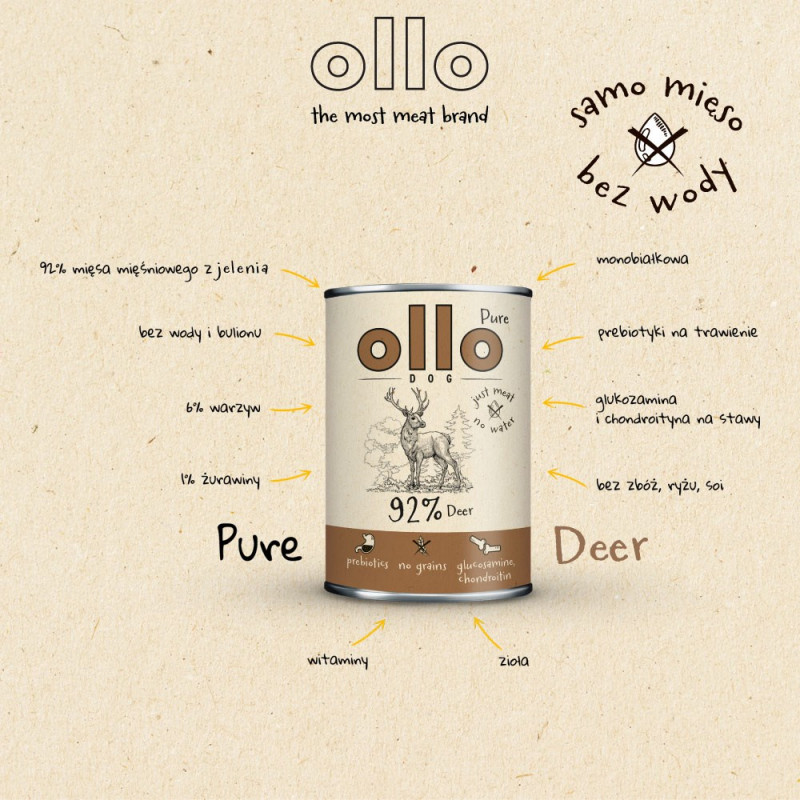OLLO Pure Deer märkä koiranruoka, 850 g