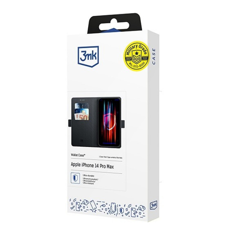 3MK Wallet Case lompakkokotelo Apple iPhone 14 Pro Max -puhelimelle, musta