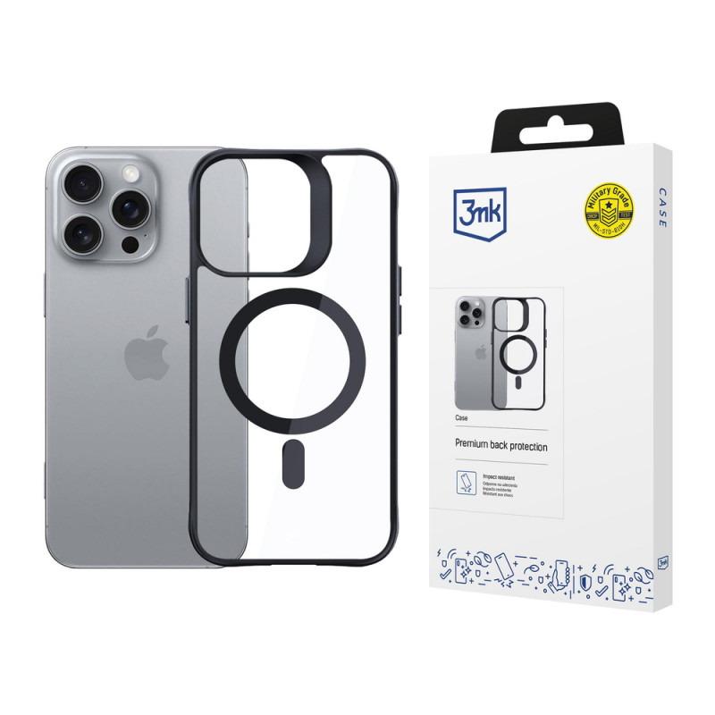 3mk Satin Armor MagCase MagSafe-yhteensopiva suojakotelo Apple iPhone 16 Pro -puhelimelle, läpinäkyvä mustalla kehyksellä