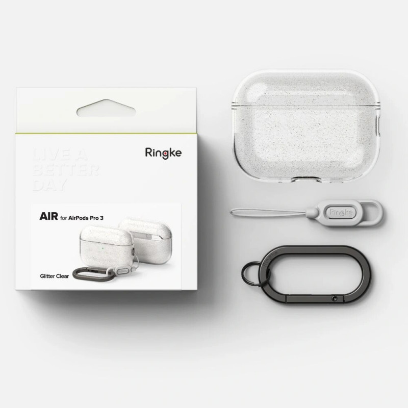 Ringke Air -kotelo Apple AirPods Pro 3 -kuulokkeille, glitter clear