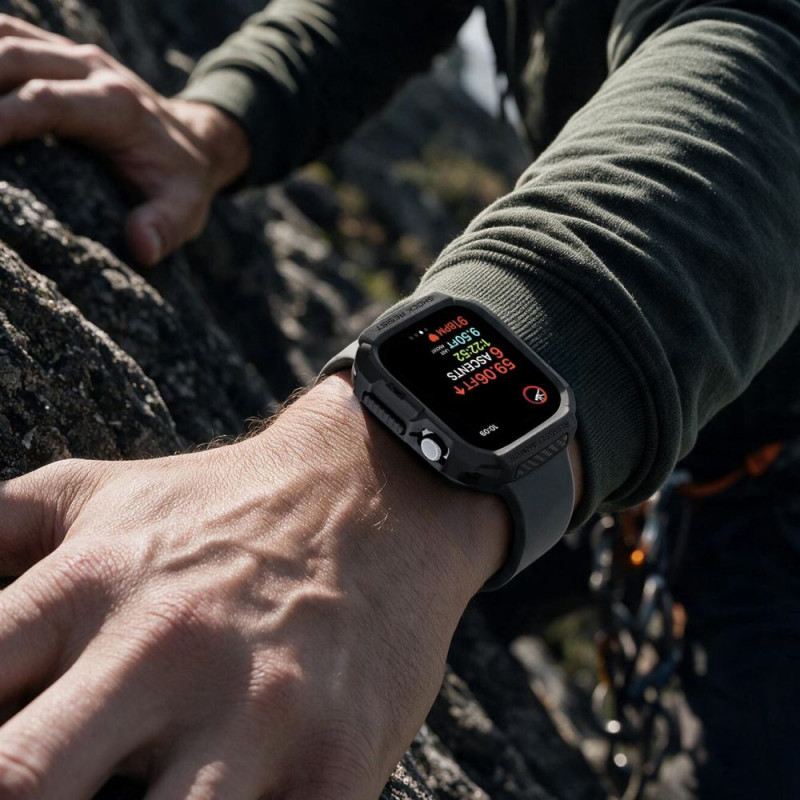 Spigen Rugged Armor ACS11886 -suojakotelo Apple Watch 12 46 mm -kellolle, mattamusta