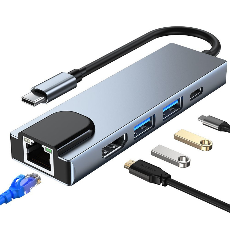 Tech-Protect V3 5in1 USB-C -keskitin, harmaa
