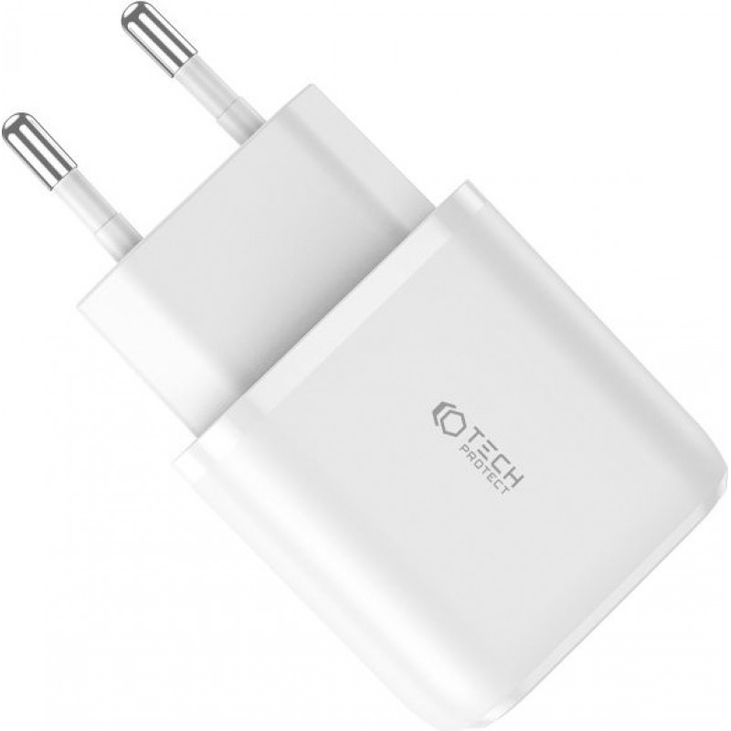 Tech-Protect C20W 2-porttinen seinälaturi, USB-C PD 20W ja USB-A QC 3.0, valkoinen