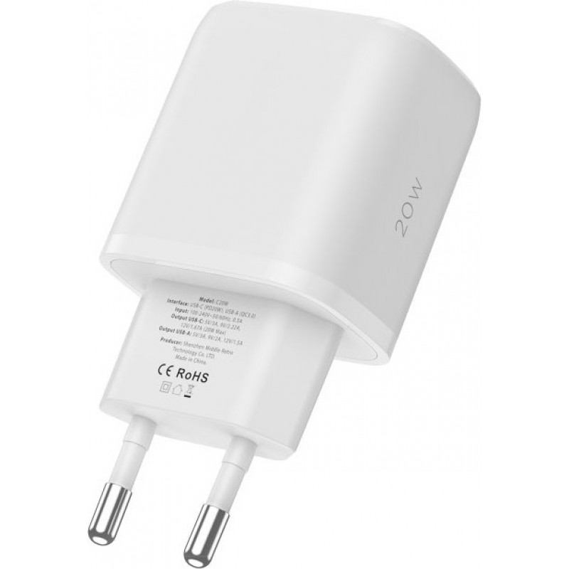 Tech-Protect C20W 2-porttinen seinälaturi, USB-C PD 20W ja USB-A QC 3.0, valkoinen