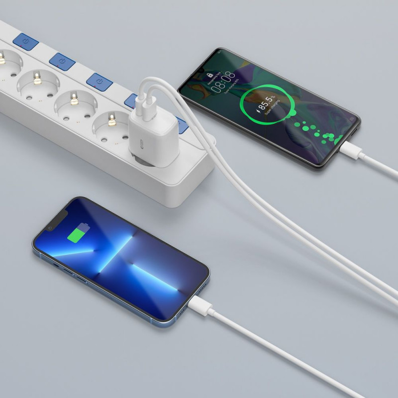 Tech-Protect C20W 2-porttinen seinälaturi, USB-C PD 20W ja USB-A QC 3.0, valkoinen