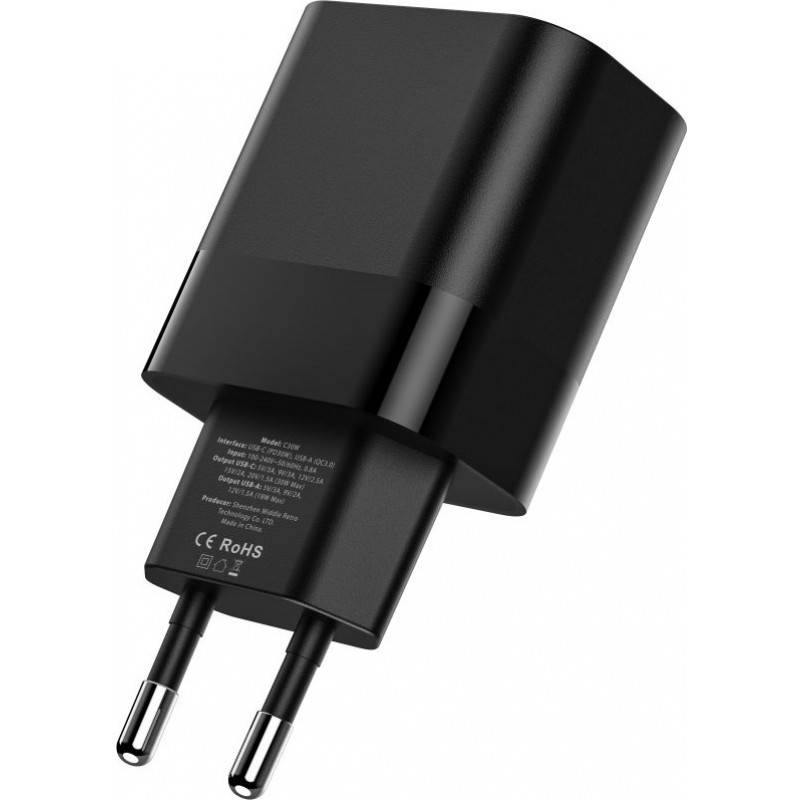 Tech-Protect C30W 2-porttinen seinälaturi, USB-C PD 30W ja USB-A QC 3.0, musta