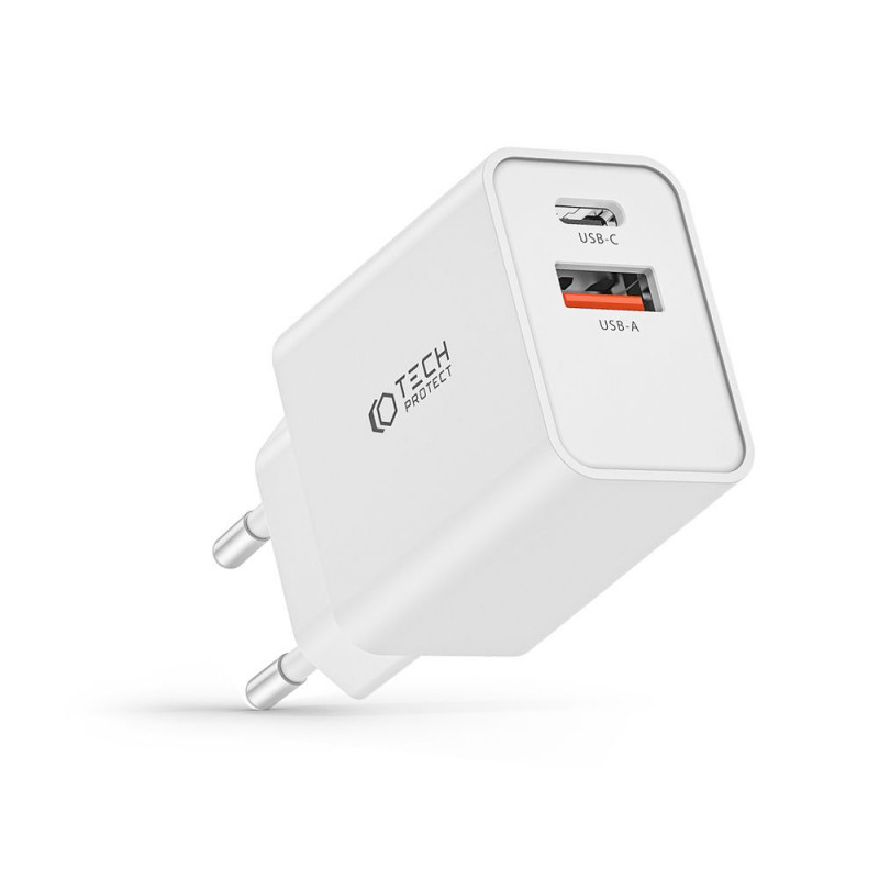Tech-Protect NC30W 2-porttinen seinälaturi PD 30W QC 3.0, valkoinen