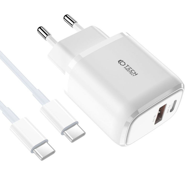 Tech-Protect C20W 2-port seinälaturi PD 20W QC 3.0 USB-C-kaapelilla, valkoinen