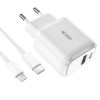 Tech-Protect C20W 2-port seinälaturi PD 20W QC 3.0 Lightning-kaapelilla, valkoinen