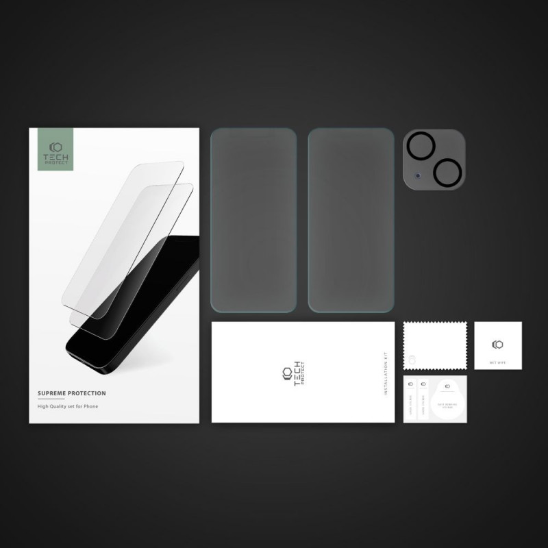 Tech-Protect Supreme Set karkaistu lasi Apple iPhone 15:lle, kirkas (2+1 kpl)