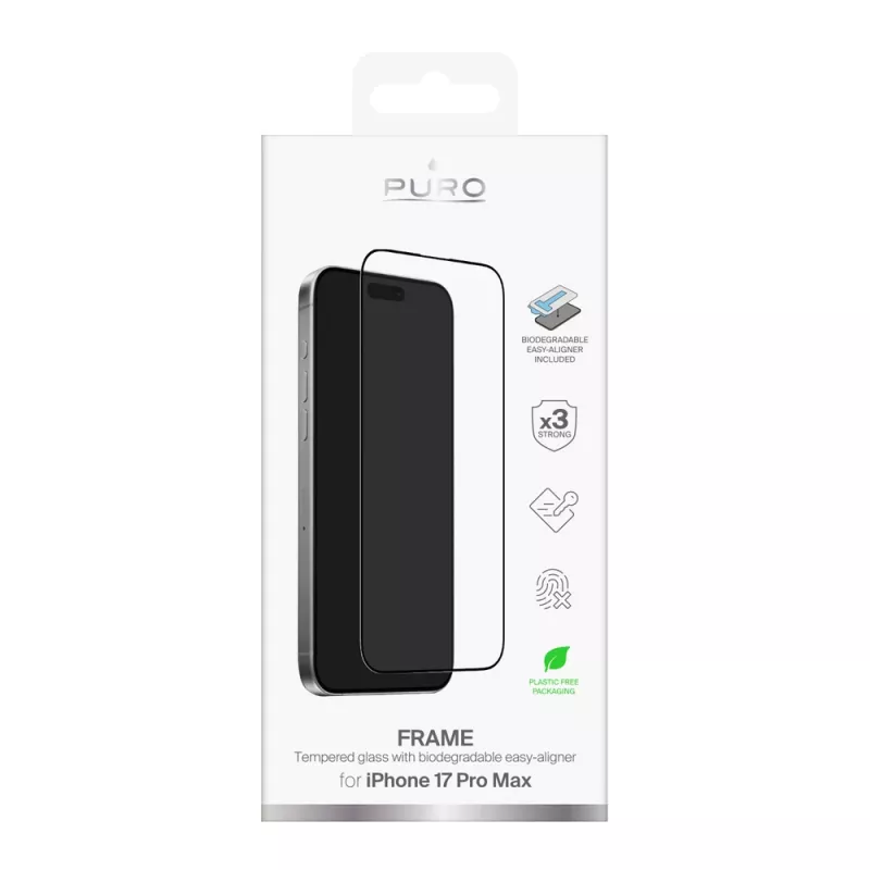 PURO Frame karkaistu lasi iPhone 17 Pro Max -puhelimelle, asennusteline ja musta kehys