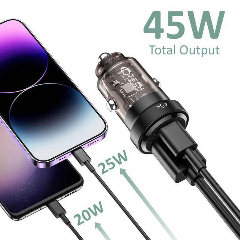 Tech-Protect CC45W 2-porttinen autolaturi, USB-C PD 45W, USB-A QC 3.0, musta