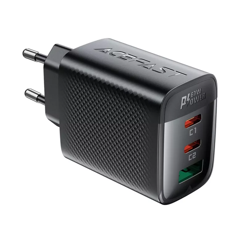 Acefast A108 GaN PD 67W seinälaturi, 2x USB-C, 1x USB-A, musta