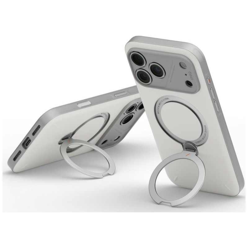 UNIQ Elix -suojakotelo Apple iPhone 18 Pro Max / 17 Pro Max -puhelimelle, 360° kiertyvä potkutuki, vaaleanharmaa