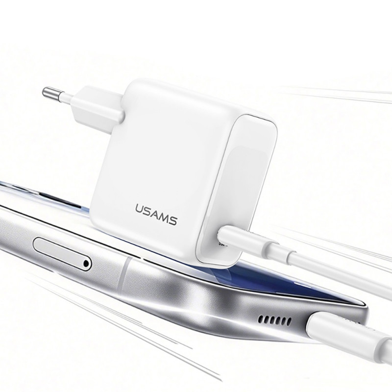 USAMS CC339 T76 45W GaN USB-C seinälaturi SJ711 USB-C - USB-C -kaapelilla (1 m), valkoinen
