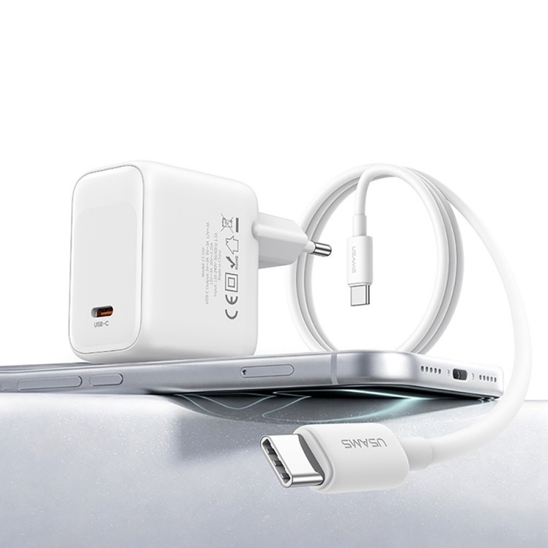 USAMS CC339 T76 45W GaN USB-C seinälaturi SJ711 USB-C - USB-C -kaapelilla (1 m), valkoinen