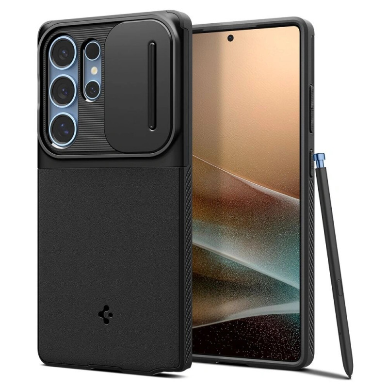 Spigen Optik Armor -suojakotelo Samsung Galaxy S25 Ultra -puhelimelle, musta