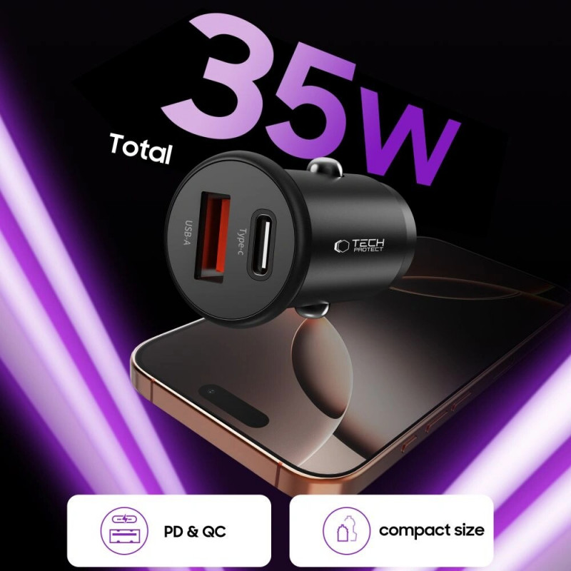 Tech-Protect CC02 2-porttinen autolaturi USB-A / USB-C, PD 35W / QC 3.0, musta (THP4079)