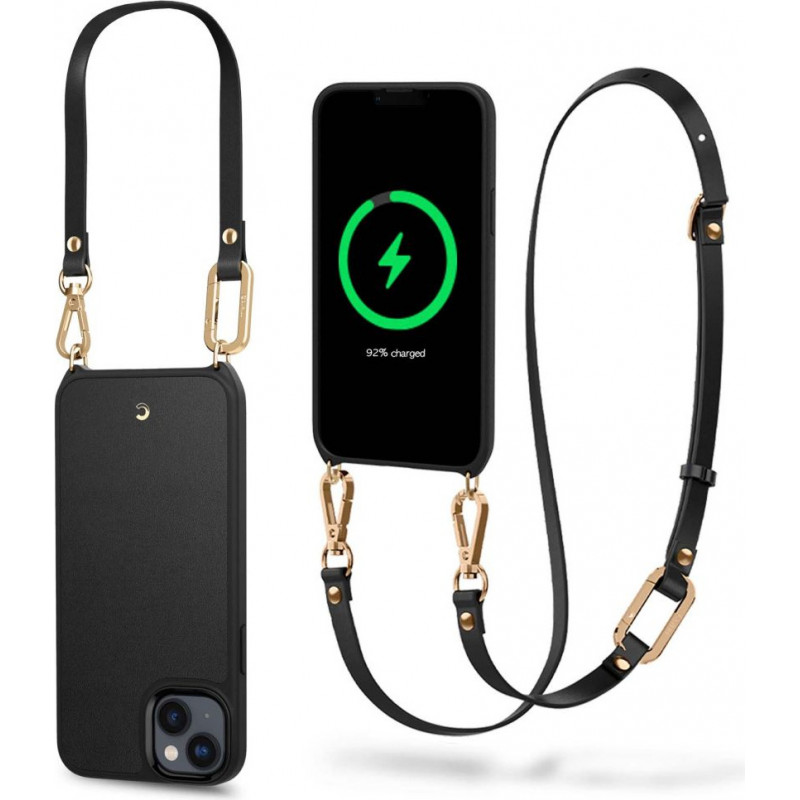 Spigen Cyrill Classic Charm Mag (ACS04948) MagSafe-kuori hihnalla Apple iPhone 14 Plus / 15 Plus -puhelimelle, musta