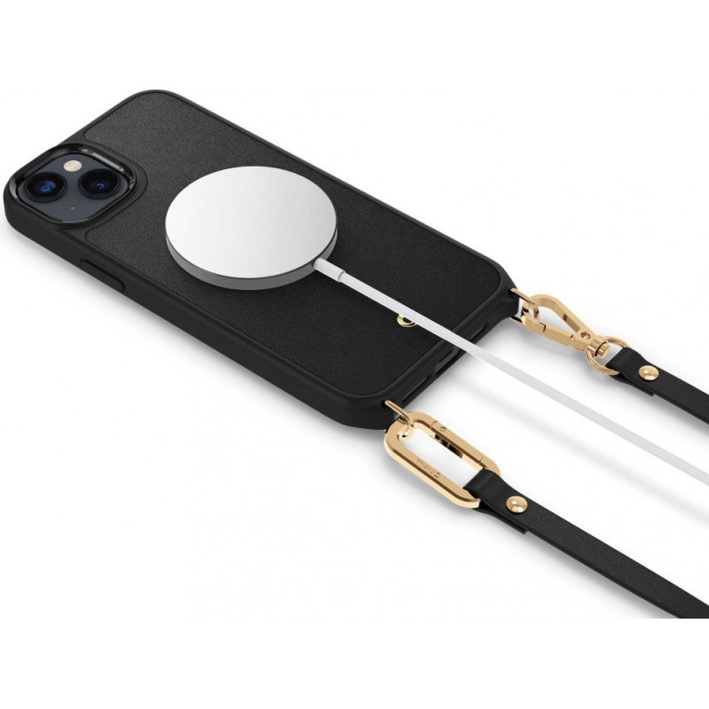 Spigen Cyrill Classic Charm Mag (ACS04948) MagSafe-kuori hihnalla Apple iPhone 14 Plus / 15 Plus -puhelimelle, musta