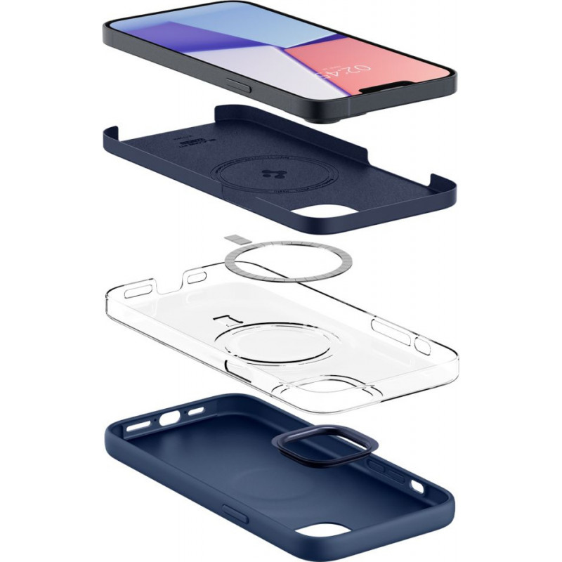 Spigen Silicone Fit Mag (ACS04921) MagSafe-kuori Apple iPhone 14 Plus / 15 Plus -puhelimelle, laivastonsininen