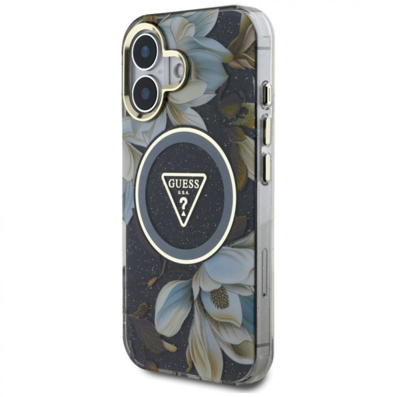 Guess Glitter Flowers Triangle Buttons MagSafe -kuori Apple iPhone 16 -puhelimelle, musta